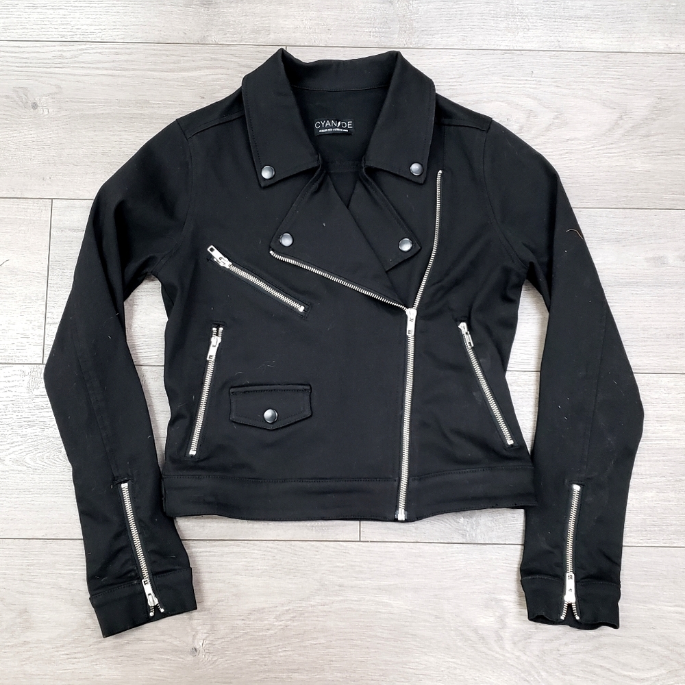 Black denim jean biker moto jacket punk rock S M